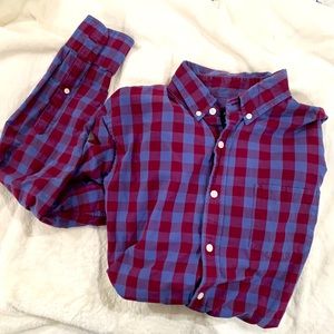 J Crew. Button down long sleeve. Used - good condition. Maroon/blue. Medium.